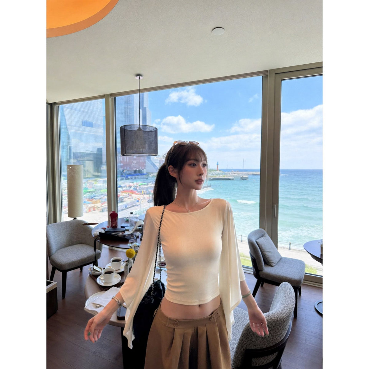 2026 New One-Word Large Neckline T-shirt for Women, Skin-Friendly and Breathable Short Horn Sleeves Fashionable Pure Desire Top for Women