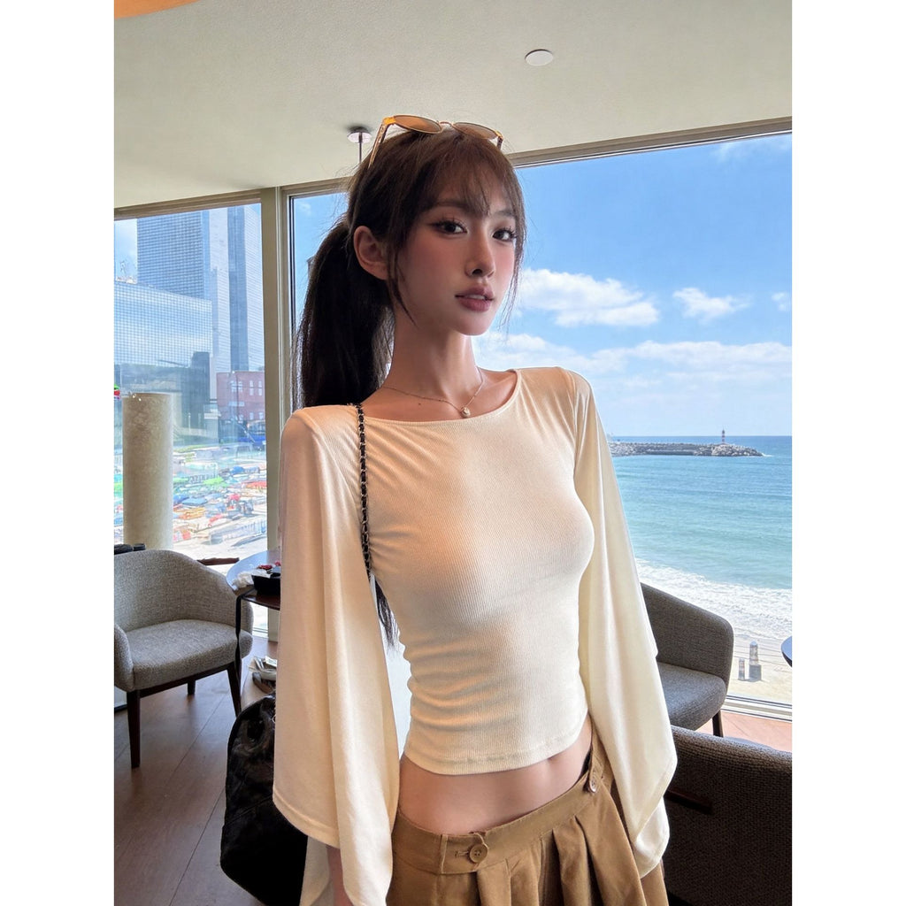 2026 New One-Word Large Neckline T-shirt for Women, Skin-Friendly and Breathable Short Horn Sleeves Fashionable Pure Desire Top for Women